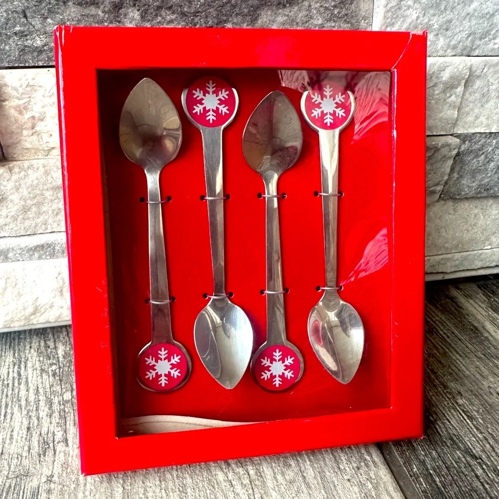 NEW Crate & Barrel Snowflake Holiday Christmas Spoons Hot Cocoa Metal Spoons